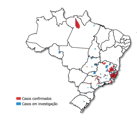 Figura 1. Distribuição geográfica dos casos suspeitos de febre amarela, por município do LPI e classificação. Brasil, 1º de dezembro de 2016 – 25 de maio de 2017 (data do início dos sintomas)